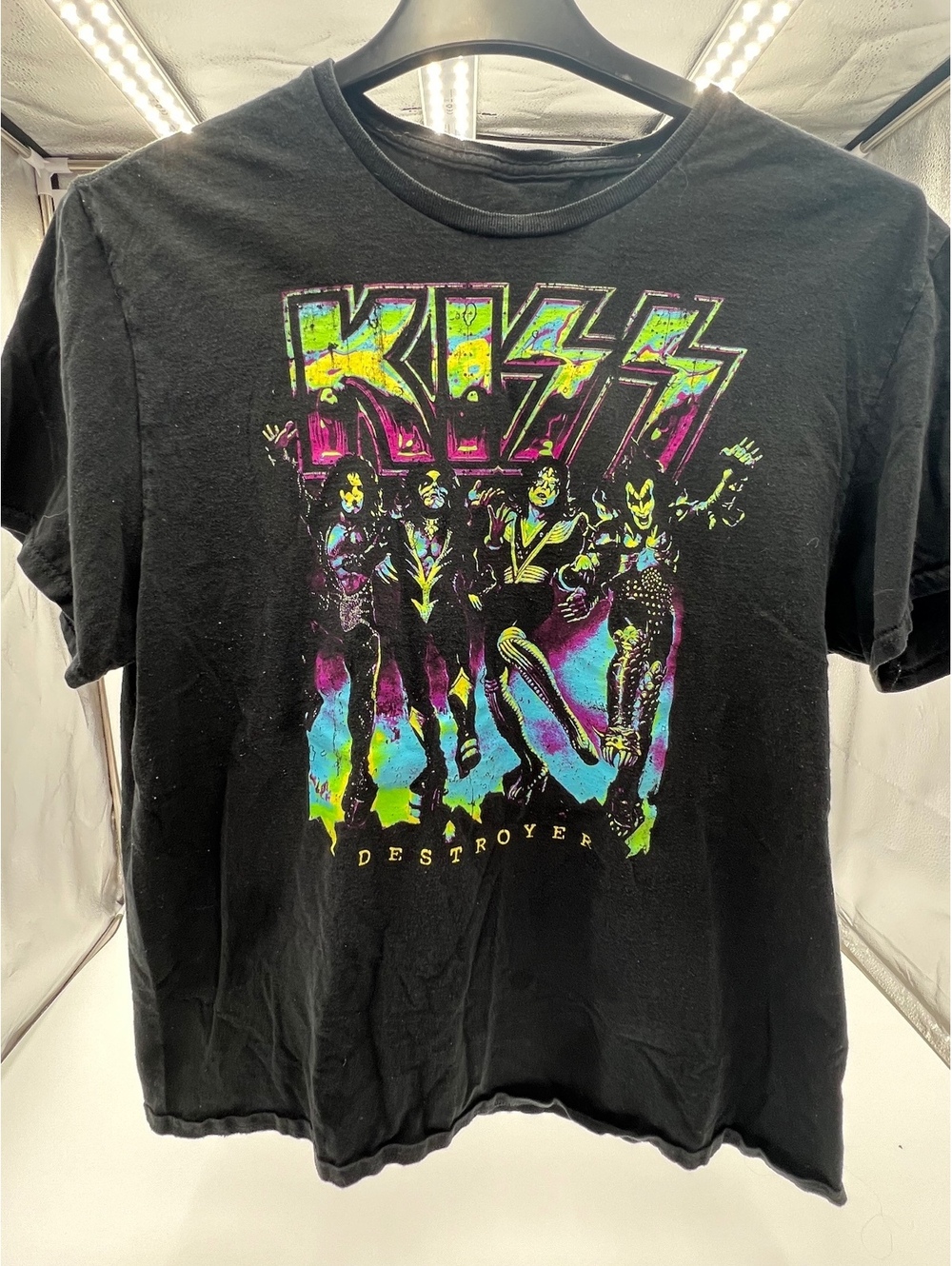 KISS Destroyer Men’s XL Black Graphic Band T Shirt Neon Rock Tee